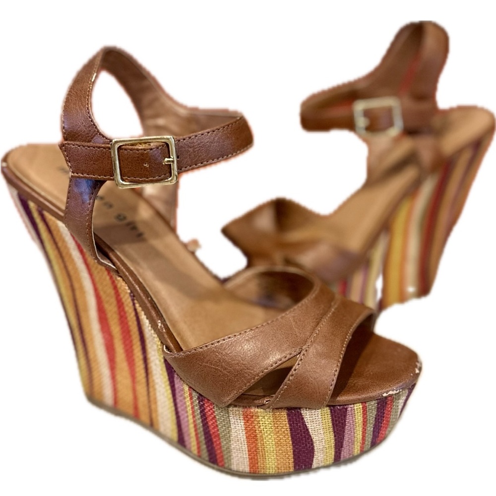 Madden Girl Platform Brown & Multicolored Striped Wedge Sandals